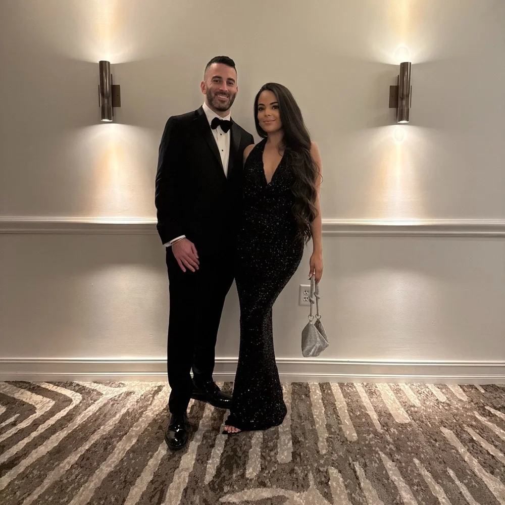 White Fox Boutique Black Sequin Halter Maxi Gown | XS